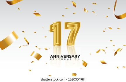 Vector background 17th Anniversary celebration by using two colors in the design between gold and white, Golden number 17 with sparkling confetti Realistic 3d sign. Birthday or wedding party