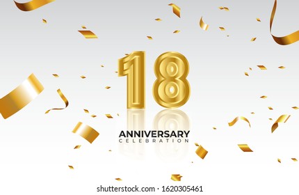 Vector background 18th Anniversary celebration by using two colors in the design between gold and white, Golden number 18 with sparkling confetti Realistic 3d sign. Birthday or wedding party