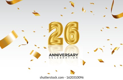 Vector background 26th Anniversary celebration by using two colors in the design between gold and white, Golden number 26 with sparkling confetti Realistic 3d sign. Birthday or wedding party