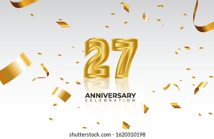 Vector background 27th Anniversary celebration by using two colors in the design between gold and white, Golden number 27 with sparkling confetti Realistic 3d sign. Birthday or wedding party