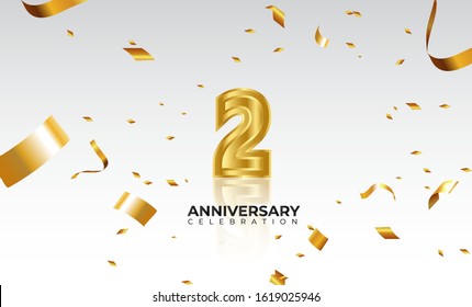 Vector background 2nd Anniversary celebration by using two colors in the design between gold and white, Golden number 2 with sparkling confetti Realistic 3d sign. Birthday or wedding party