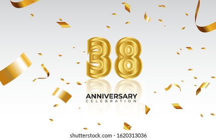 Vector background 38th Anniversary celebration by using two colors in the design between gold and white, Golden number 38 with sparkling confetti Realistic 3d sign. Birthday or wedding party