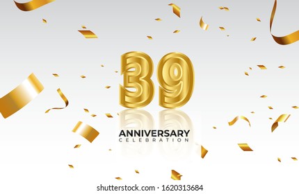 Vector background 39th Anniversary celebration by using two colors in the design between gold and white, Golden number 39 with sparkling confetti Realistic 3d sign. Birthday or wedding party