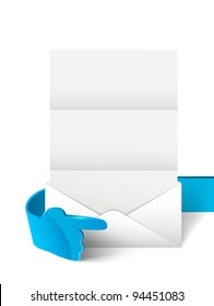 Vector background 3d blue glass hand with post envelope and letter. Web element.