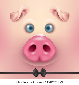 Vector background with 3d funny cartoon pig face with bow tie closeup. Cute farm animal. Illustraration of small piglet head, design template for banners, postcards etc. New Year s of Pig 2019