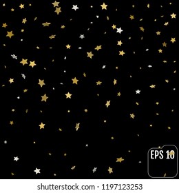 Vector background with 3d gold stars. Glitter pattern for banner, greeting card, Christmas and New Year card, invitation, postcard, paper packaging. 