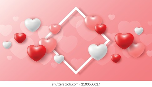 Vector background with 3d hearts, frame and copy space. Valentine's day horizontal banner or greeting card design template. Love concept.