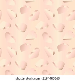 Vector background with 3d hearts. Seamless pattern with isometric hearts with rose gold colors gradient. Design for greeting card, holiday background, banner.