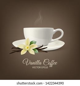 Vector Background with 3d Realistic Composition - White Cup of Coffee, Sweet Scented Fresh Vanilla Flower, Dried Seed Pods and Leaves Set Closeup. Cafe, Restaraunt, Culinary Concept. Front View