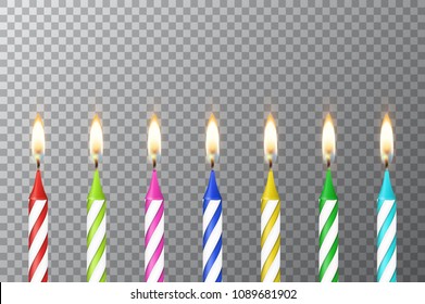 Vector background with 3d realistic different birthday party colofful wax paraffin burning cake candle set closeup isolated on transparency grid. Design template, clipart for graphics