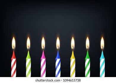 Vector background with 3d realistic different birthday party colofful wax paraffin burning cake candle set closeup on dark background. Design template, clipart for graphics
