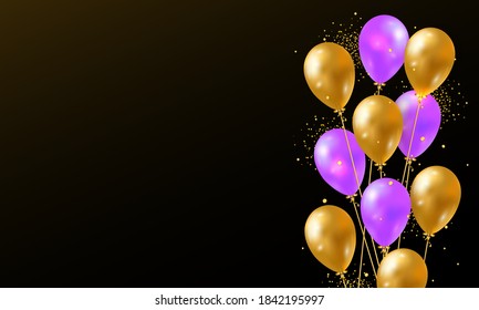 Vector background with 3D realistic glossy helium balloons and golden shiny confetti. Festive template for print, poster, new year, valentine, birthday, anniversary, celebration, wedding, event