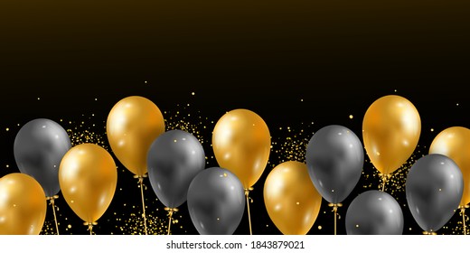 Fondo vectorial con globos de helio 3D realistas y brillantes confeti dorado. Plantilla festiva para impresión, afiche, año nuevo, valentina, cumpleaños, aniversario, celebración, boda, evento