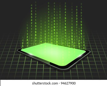 Vector background with 3d touch tablet model with green figures hologram. Part of technical gadget set.