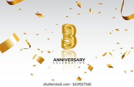 Vector background 3rd Anniversary celebration by using two colors in the design between gold and white, Golden number 3 with sparkling confetti Realistic 3d sign. Birthday or wedding party