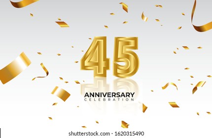 Vector background 45th Anniversary celebration by using two colors in the design between gold and white, Golden number 45 with sparkling confetti Realistic 3d sign. Birthday or wedding party