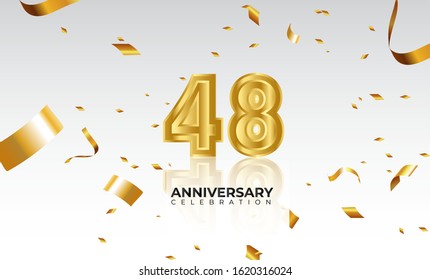 Vector background 48th Anniversary celebration by using two colors in the design between gold and white, Golden number 48 with sparkling confetti Realistic 3d sign. Birthday or wedding party