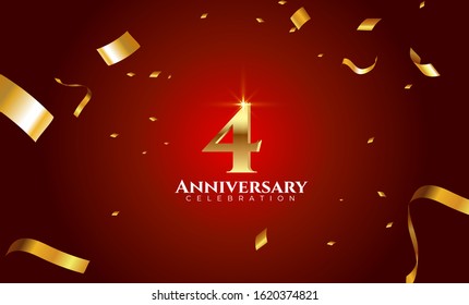Vector background 4th Anniversary celebration by using two colors in the design between gold and red, Golden number 4 with sparkling confetti Realistic 3d sign. Birthday or wedding party