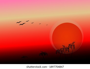 Vector background. 4,the sun is going down,is the sign of the resting time,vector illustration.