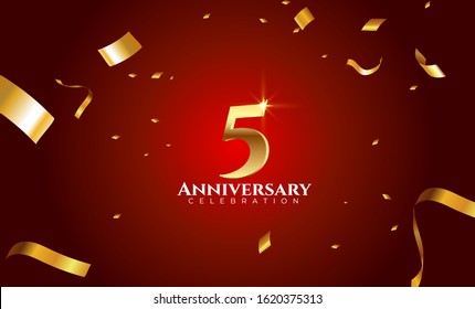 Vector background 5th Anniversary celebration by using two colors in the design between gold and red, Golden number 5 with sparkling confetti Realistic 3d sign. Birthday or wedding party