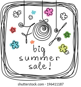 Vector background - 70 % Big Summer Sale! Advertise of discount season. Cute doodle illustration for print, web