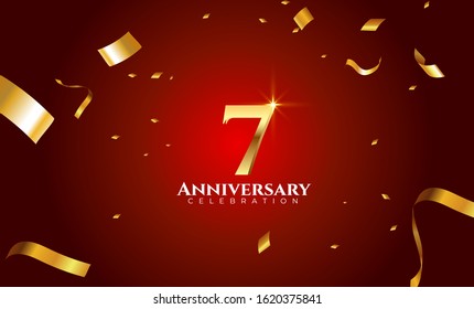 Vector background 7th Anniversary celebration by using two colors in the design between gold and red, Golden number 7 with sparkling confetti Realistic 3d sign. Birthday or wedding party