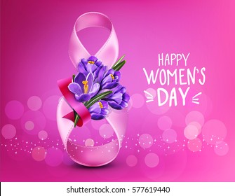 Vector background to the 8th of March (Women's Day). Template design card. Number 8,  ribbons with a bouquet of blue crocus