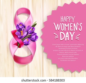 Vector background to the 8th of March (Women's Day). Template design card. Number 8,  ribbons with a bouquet of blue crocus on a wooden background