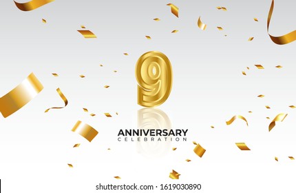 Vector background 9th Anniversary celebration by using two colors in the design between gold and white, Golden number 9 with sparkling confetti Realistic 3d sign. Birthday or wedding party