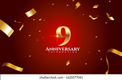 Vector background 9th Anniversary celebration by using two colors in the design between gold and red, Golden number 9 with sparkling confetti Realistic 3d sign. Birthday or wedding party