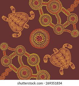 Vector background aboriginal style dot painting design with turtles