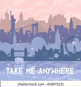 Vector background about travel and cities. Silhouettes of big cities such as New York, London, Stockholm. Grunge hand drawn look. Rose Quartz and serenity colors. Travel urban poster.