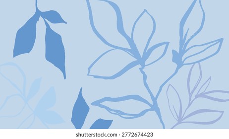Vector background with abstract blue leaves on a light blue backdrop. Minimalist design with soft, flowing lines creating a serene, natural feel. Desktop wallpaper design.