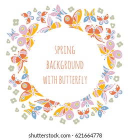 Vector background with abstract butterflies and clover leaves.
