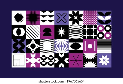 Vector background with abstract colorful minimalistic patchwork geometric elements. Contemporary simple various shapes, curves, lines, zigzag. Poster print template, web design, textile
