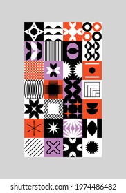 Vector background with abstract colorful minimalistic patchwork geometric elements. Contemporary simple various shapes, curves, lines, zigzag. Poster print template, web design, textile