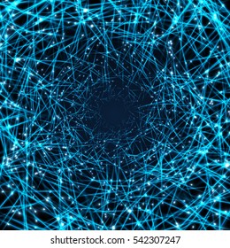 Vector background. Abstract connections, blue glowing lines on dark
