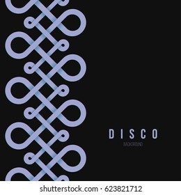 Vector background with abstract disco style seamless border ornament of infinite isometric loops and copy space isolated on black.