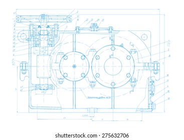Vector background of abstract engineering drawing. Tech documentation of detail reducer project. Blueprint design