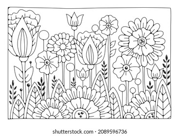 Vector background with abstract flowers and buds for coloring. Art therapy. Coloring page.