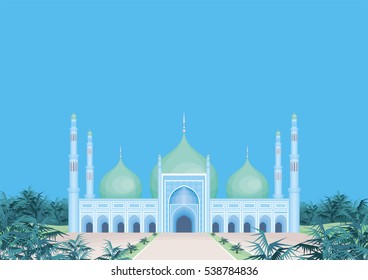 Vector background with the abstract image of the big beautiful mosque. City landscape.