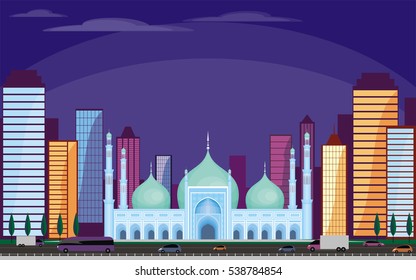 Vector background with the abstract image of the big beautiful mosque. City landscape.