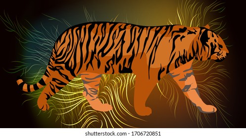 Vector background abstract image in trendy black color with multi-colored luminous elements and incredible gradients of wavy lines and the image of a tiger