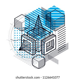 Vector background with abstract isometric lines and figures. Template made with cubes, hexagons, squares, rectangles and different abstract elements.