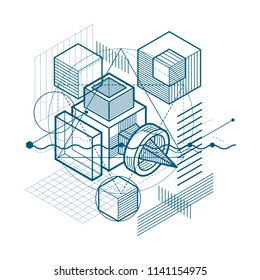 Vector background with abstract isometric lines and figures. Template made with cubes, hexagons, squares, rectangles and different abstract elements.