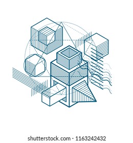 Vector background with abstract isometric lines and figures. Template made with cubes, hexagons, squares, rectangles and different abstract elements.