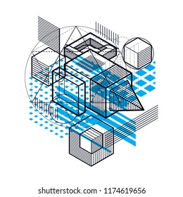 Vector background with abstract isometric lines and figures. Template made with cubes, hexagons, squares, rectangles and different abstract elements.