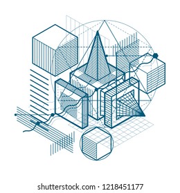 Vector background with abstract isometric lines and figures. Template made with cubes, hexagons, squares, rectangles and different abstract elements.