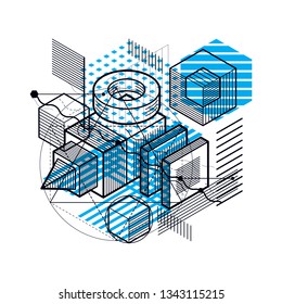 Vector background with abstract isometric lines and figures. Template made with cubes, hexagons, squares, rectangles and different abstract elements.