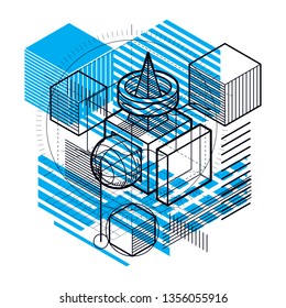 Vector background with abstract isometric lines and figures. Template made with cubes, hexagons, squares, rectangles and different abstract elements.